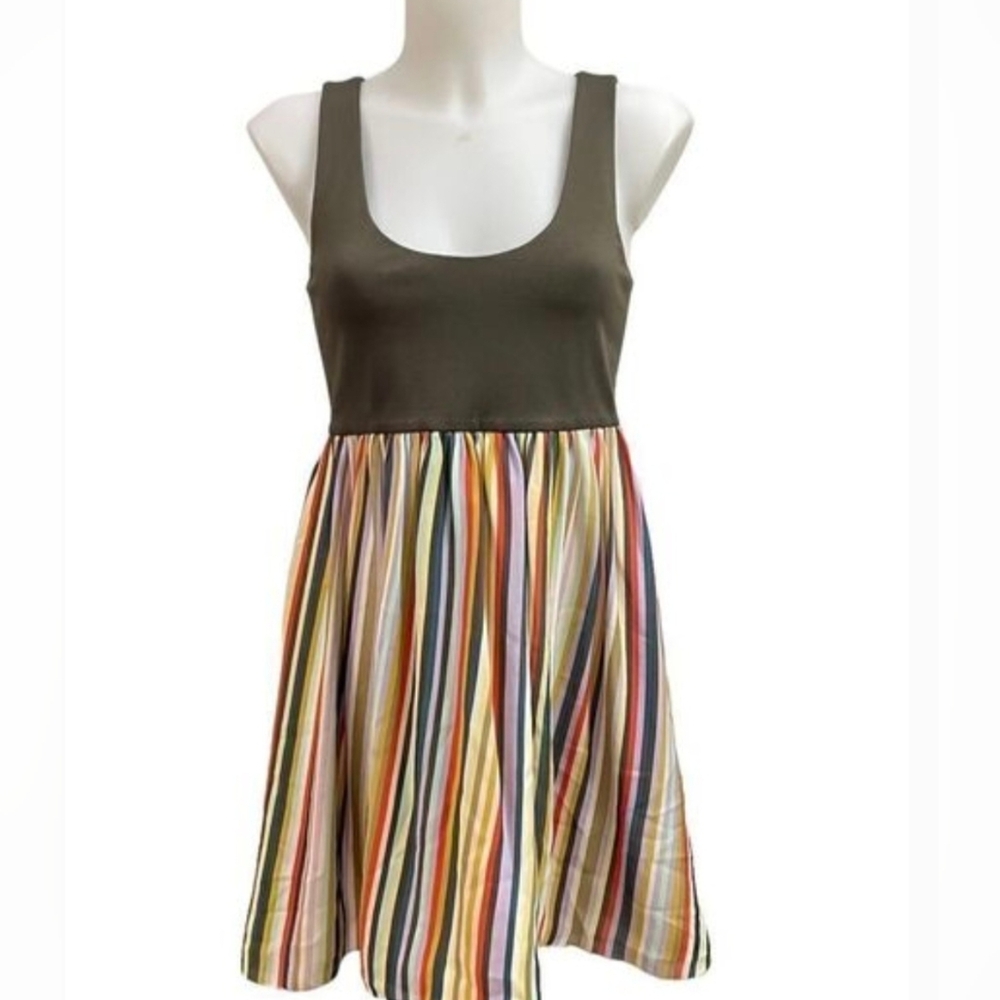 Alice + Olivia Olive and Multicolor Striped Midi Dress Silk Fit N Flare Tank XS